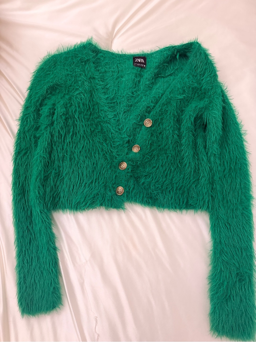 Zara Emerald Green Fuzzy V-Neck Button Crop Cardigan